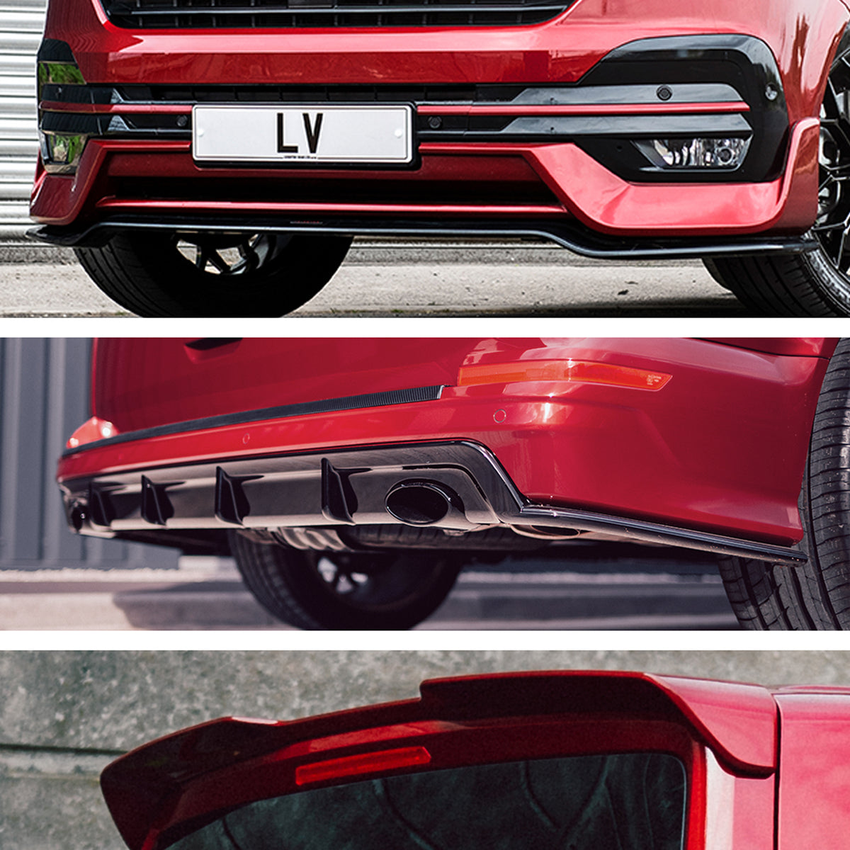 TÜV-Certified LV-S Splitter, LV-R Rear Bumper & LV-R Rear Spoiler Package for Volkswagen T6.1 (Tailgate) by Leighton Vans