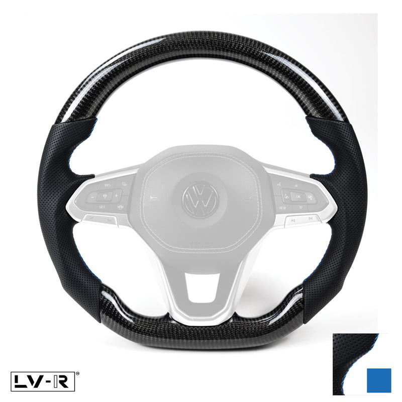 LV-R™ carbon/leather flat bottom steering wheel for VW T6.1, blue stitch