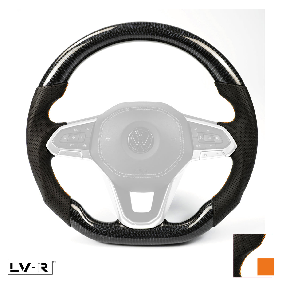 Carbon/Leather T6.1 Flat Bottom Steering Wheel (Orange Stitch)